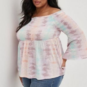 Torrid Size 1 Babydoll Off Shoulder Smocked Bell Sleeve Top